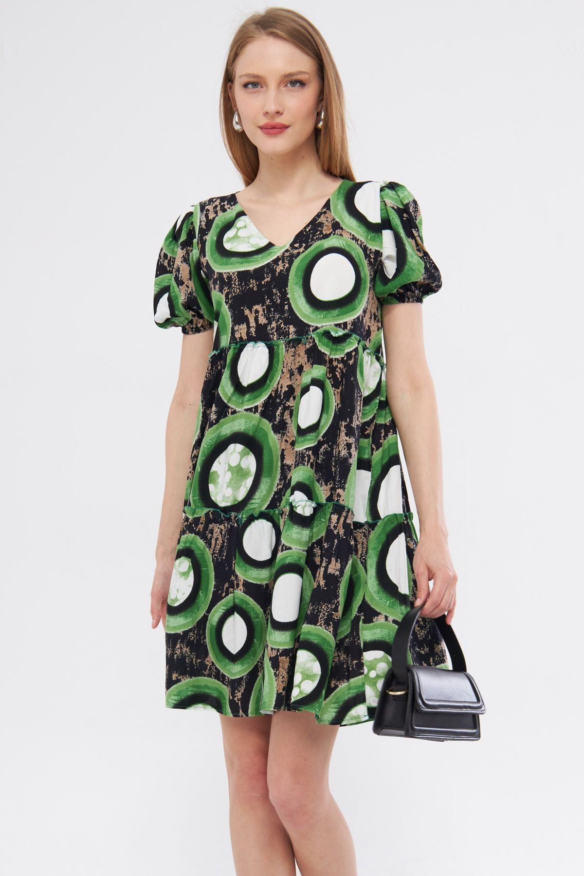 Female peanut green V-neck short arm patterned frilly dress ARM-24Y001014