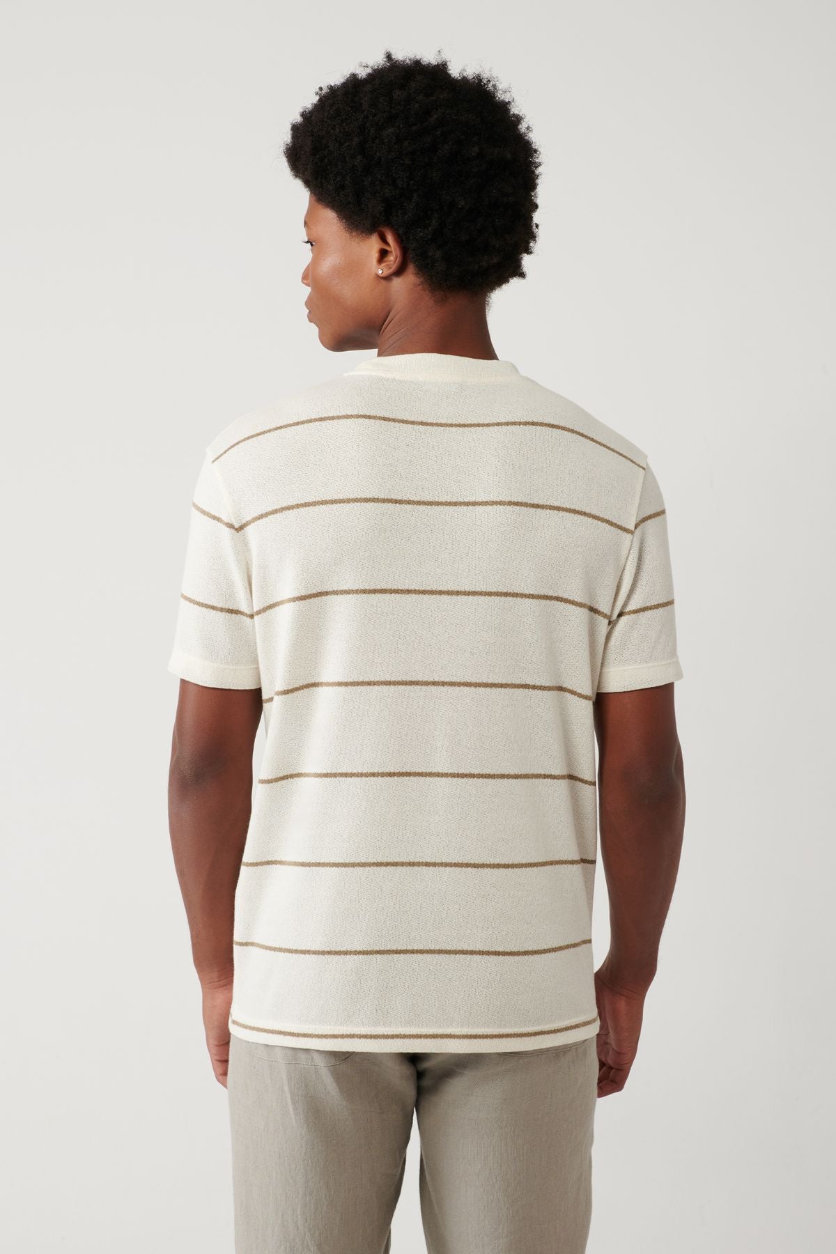 Men's Light Beige Bike collar striped T-shirt A41y1016
