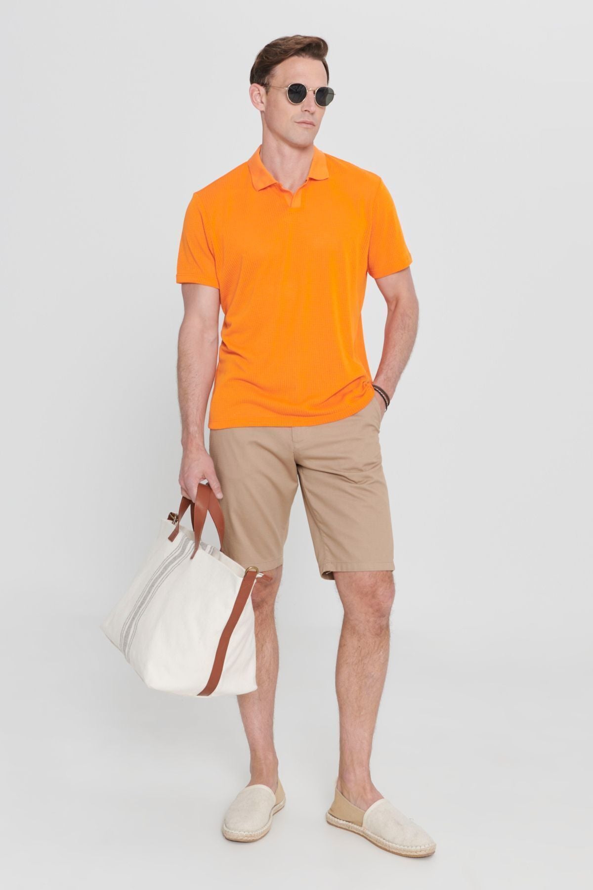 Men's orange regular fit comfortable cut polo collar label detailed T -shirt