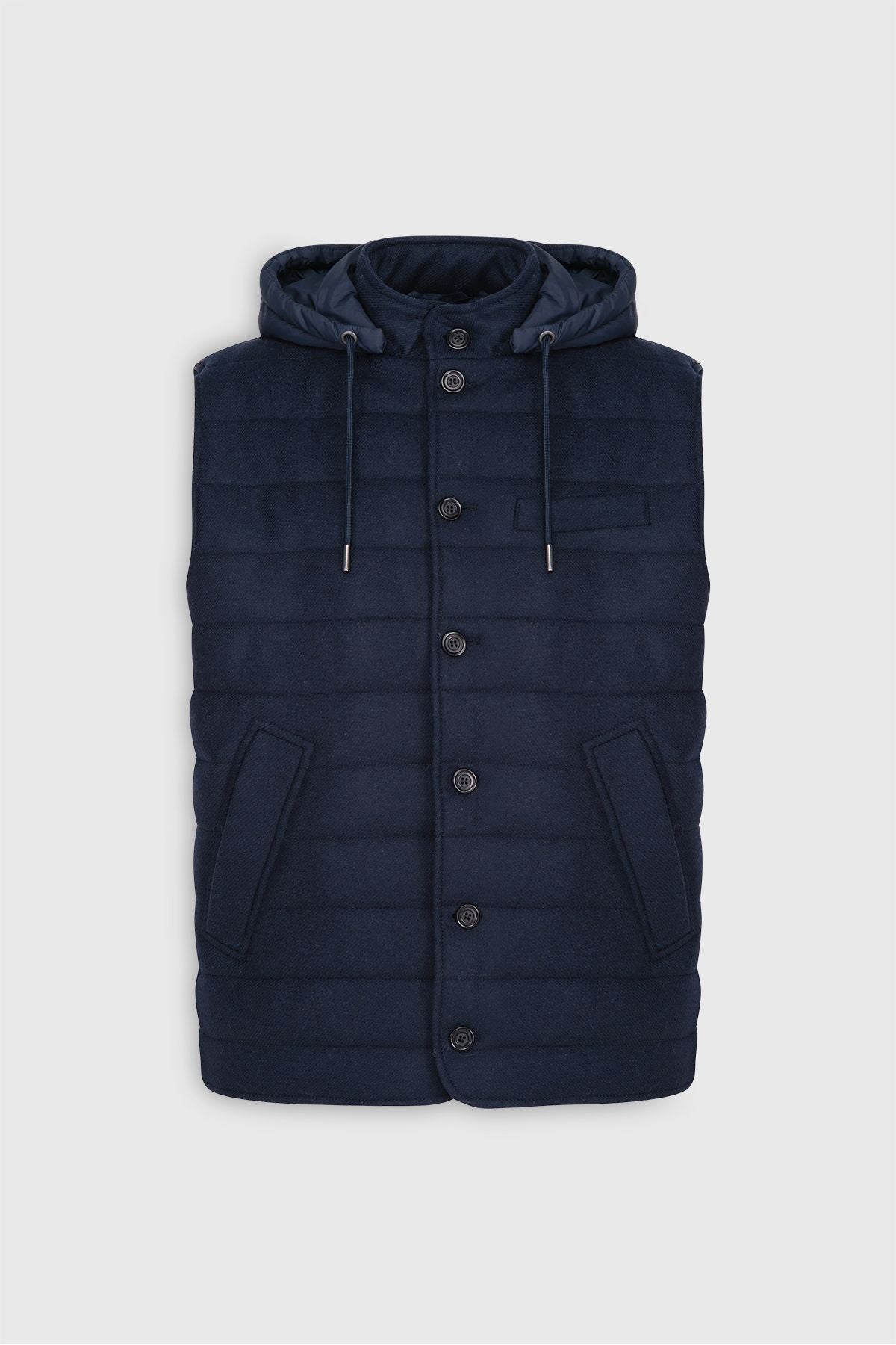 Men's navy blue woolen hot holding standard fit normal cut hooded upright collar color block vest