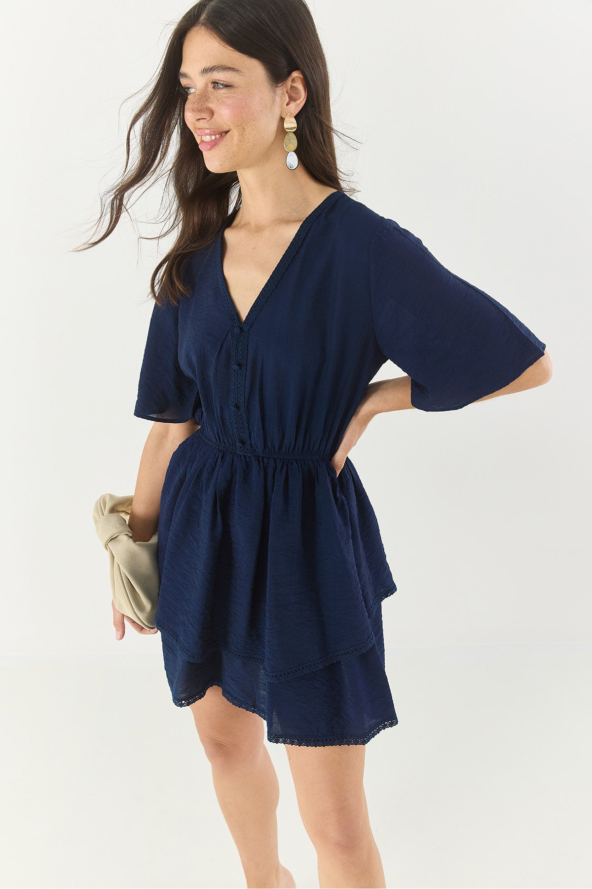 Women's V-Neck Guipure Detailed Elastic Waist Skirt Layered Viscose Summer Mini Dress 3014 60283254