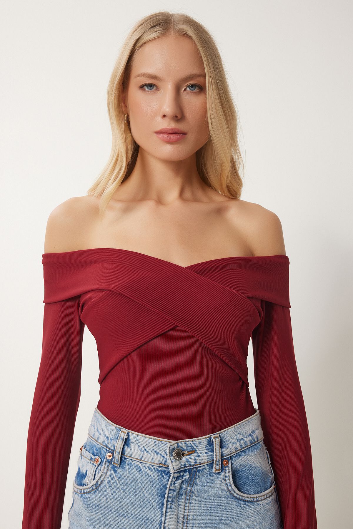 Female Bordeaux Crafts Neckline Open Knitting Blouse FF00169