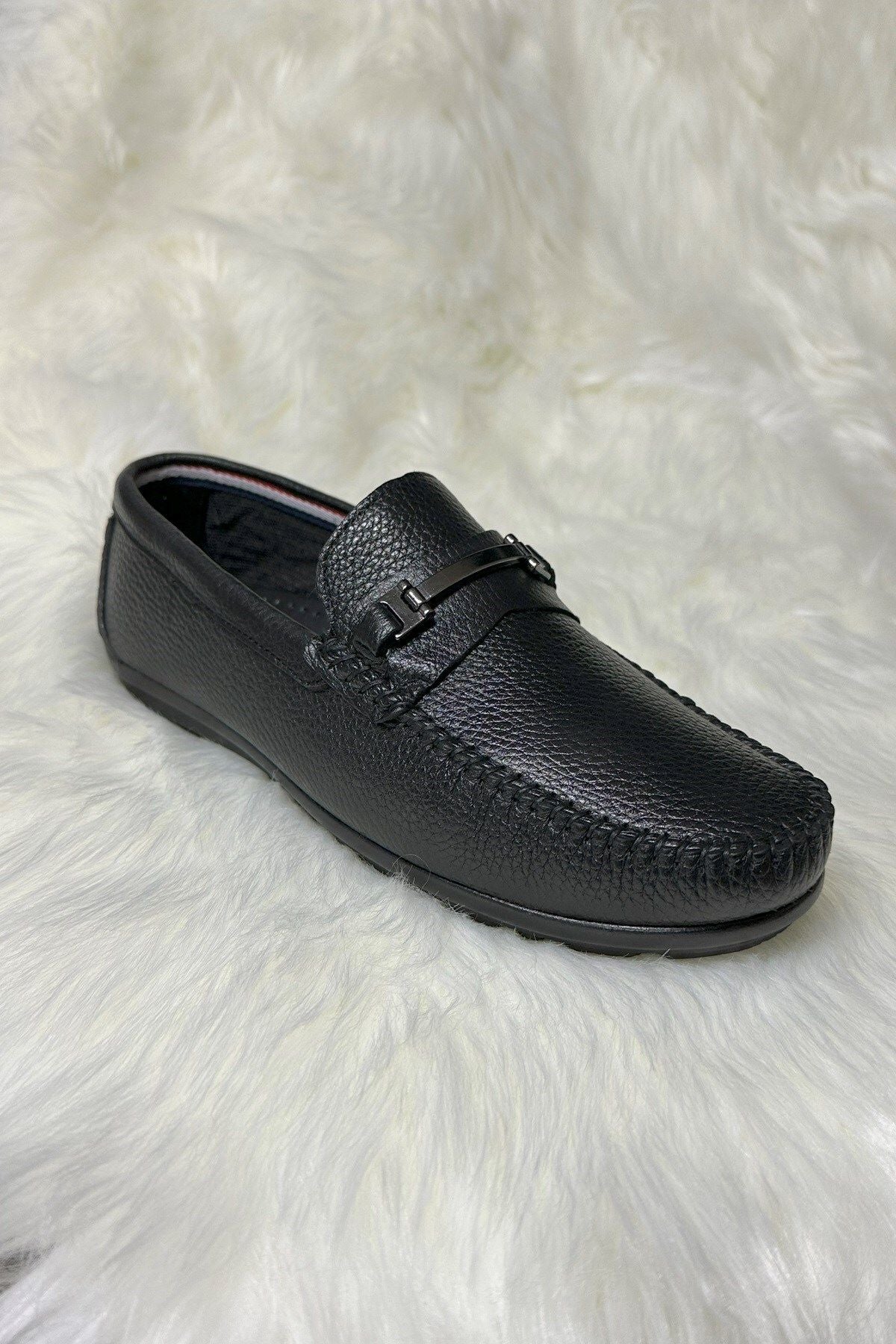 Daily Men's Genuine Leather Black Flipped Slip Stellet Casual Classic Shoes Casual 600 - 601 - 603