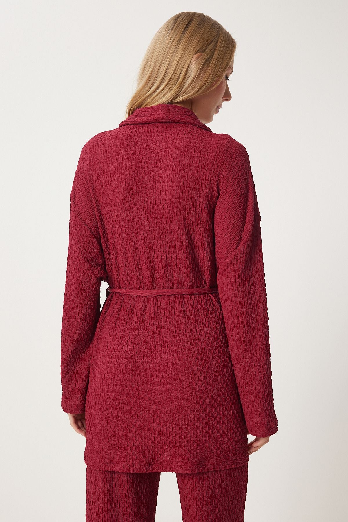 Female burgundy textured knitted kimono pants set RG00046