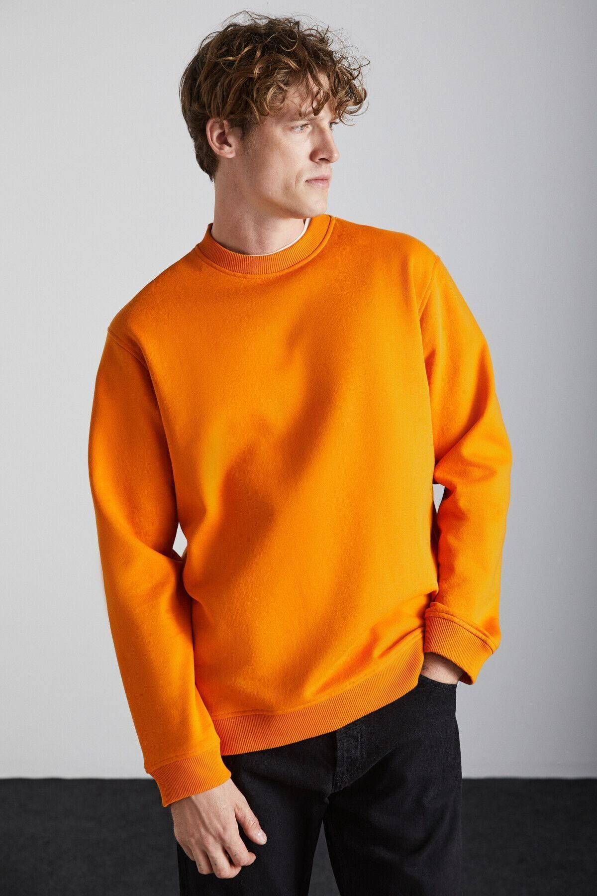 Adams Male Men's Fleece Hot 3 Triple Knitting 100 %Organic Cotton Regular Saffron Yellow Sweatshirt