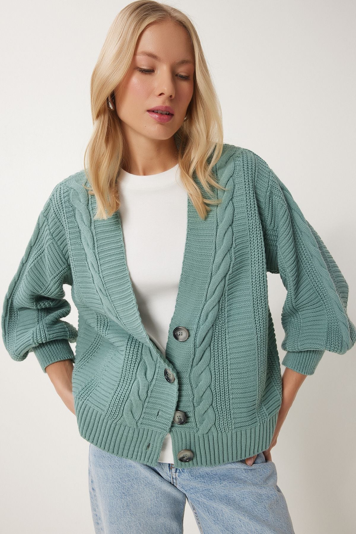 Women's Cagla Green Basked Balloon Sleeve shabby knitwear cardigan MX00176