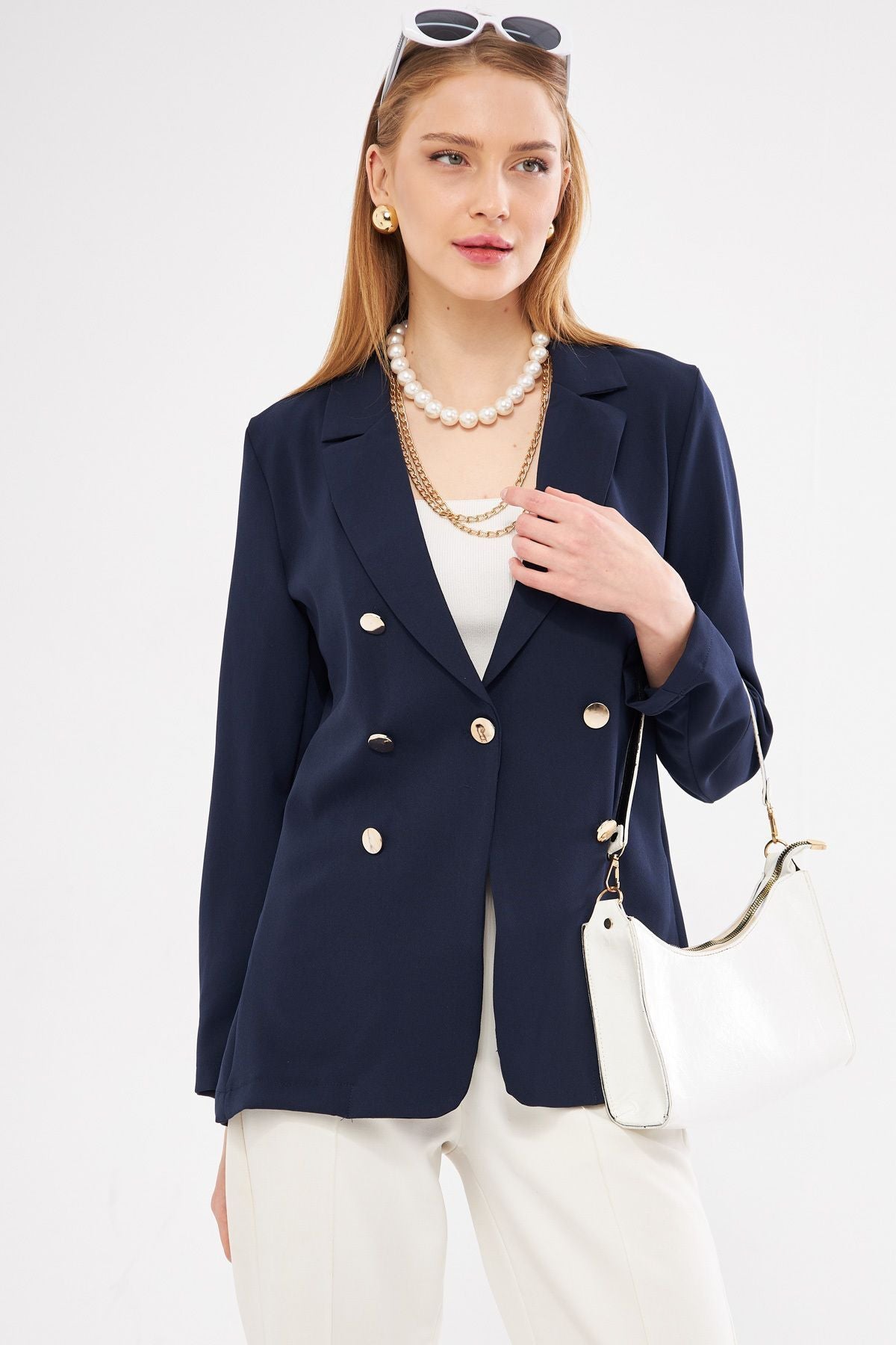 Female Navy Blue button jacket ARM-20K001151