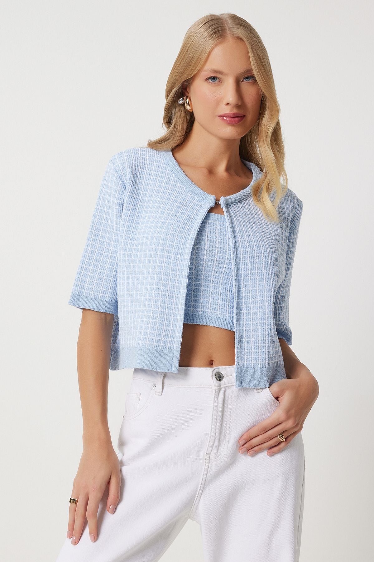 Woman Baby Blue Knitwear Crop Cardigan Team PF00093