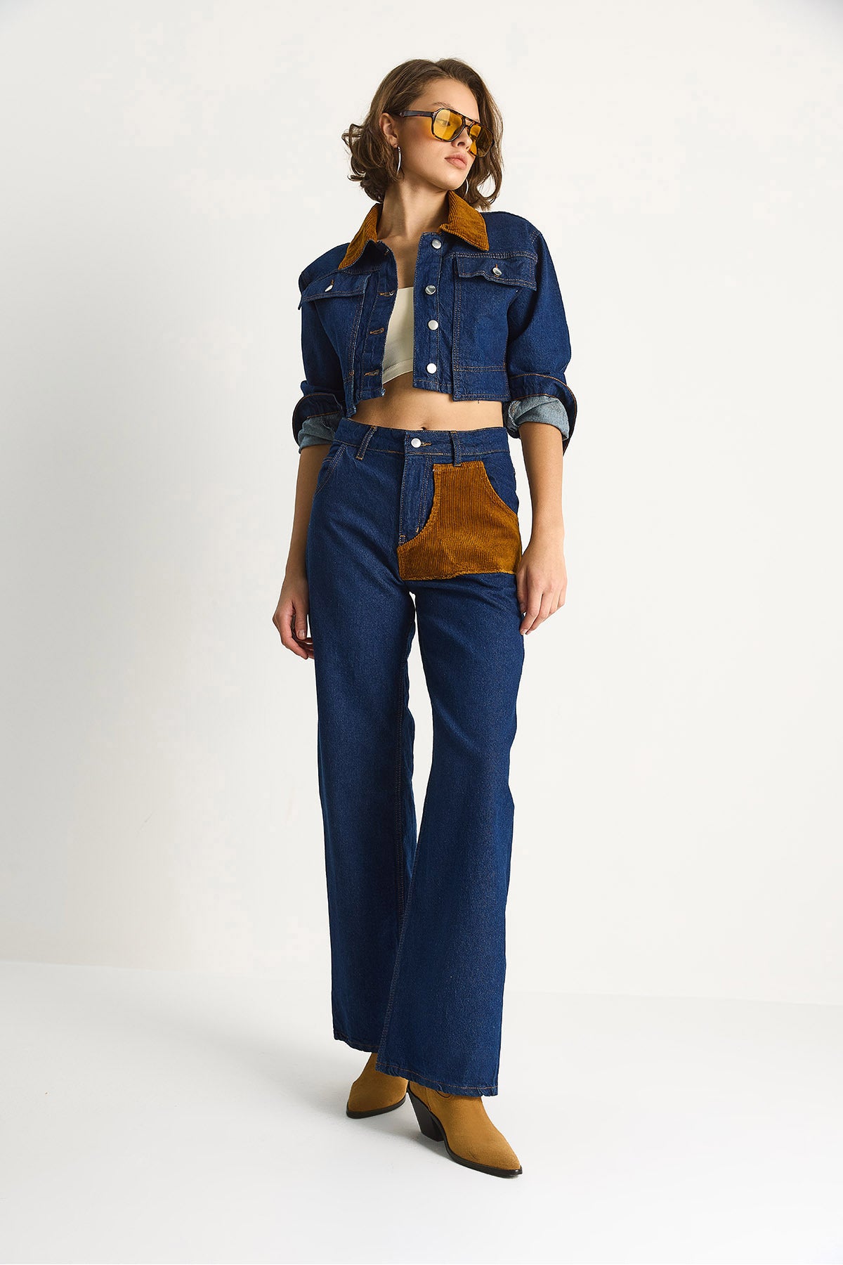 Women's Velvet Collar Jacket Color Block Wide Leg Trousers Denim Suit 6087 60283532