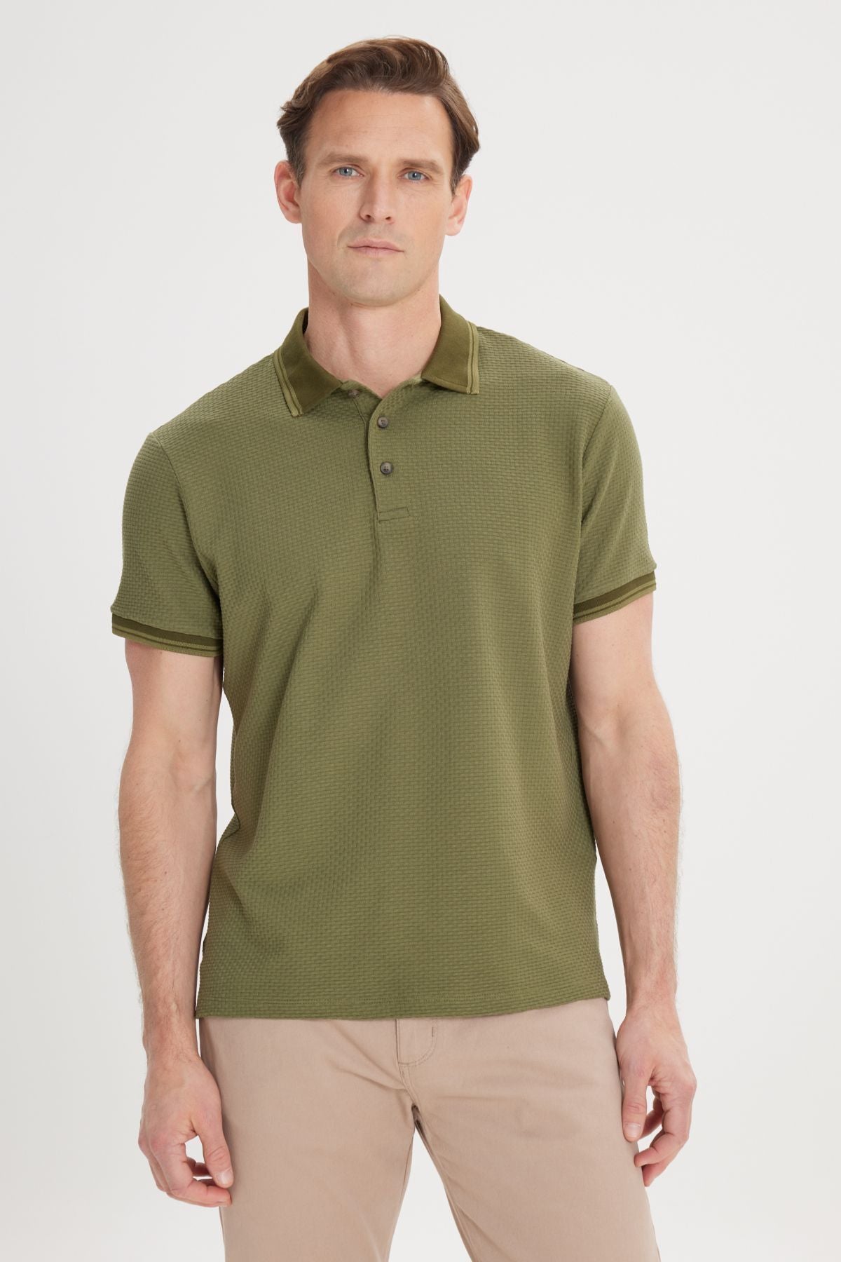 Men's Khaki Slim Fit Narrow Cut 100 %Cotton Polo Yaka Amelor T -shirt