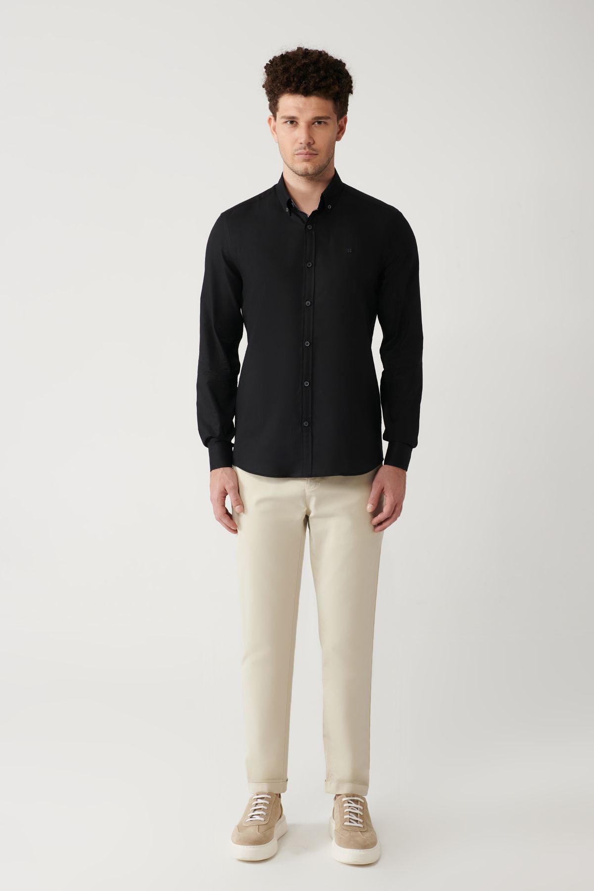 Men's black button collar 100 %cotton oxford shirt B002034