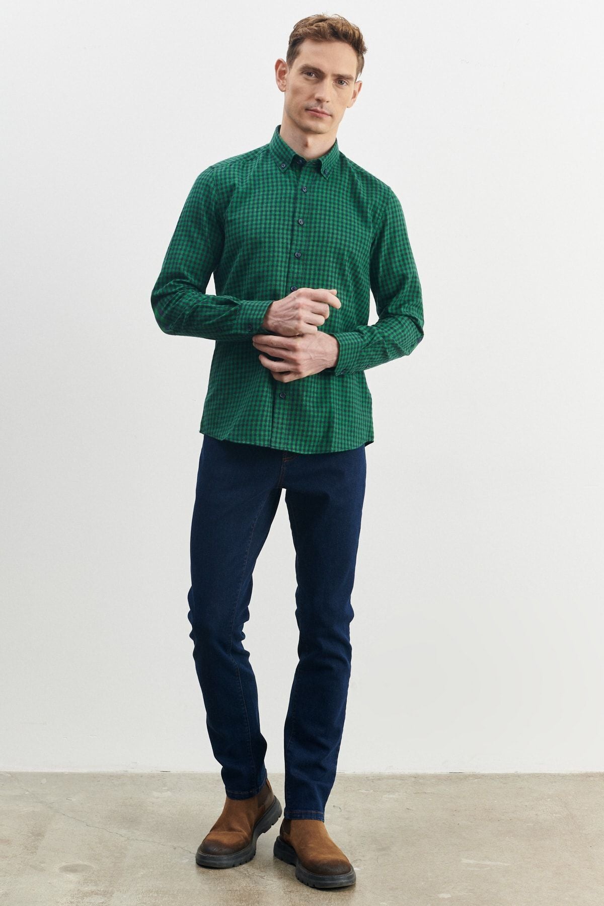 Men's green-lacivert slim fit narrow cut buttoned collar pötikareli flannel shirt