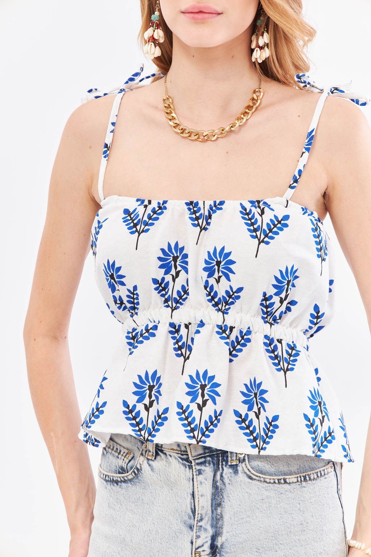 Female Saks Patterned Linen -Looking Waist Tire Hangers Connect Detailed Strapless Crop blouse