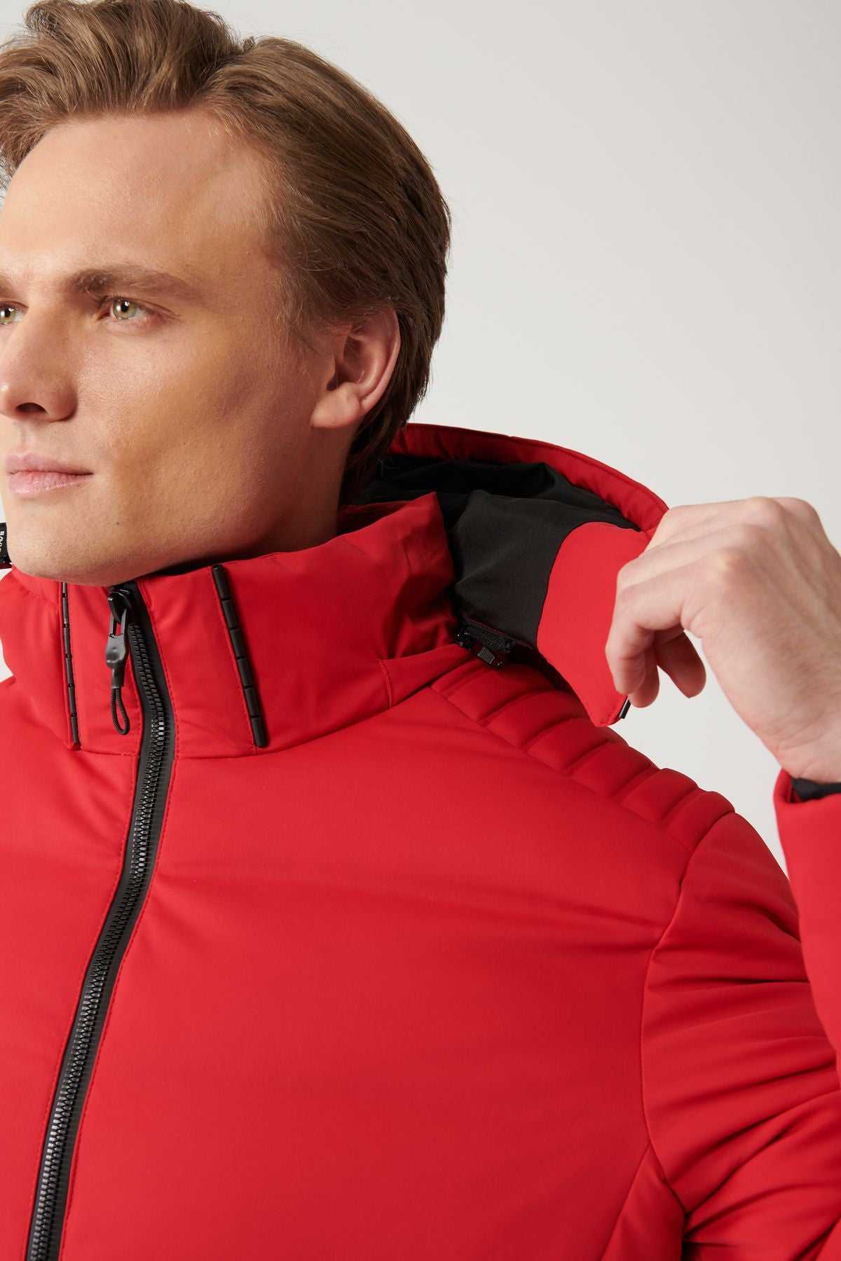 Men's Red Goose Feather Water Driving Windproof Thermometer Removable Hooded Hooded Inflatable Mont A32Y