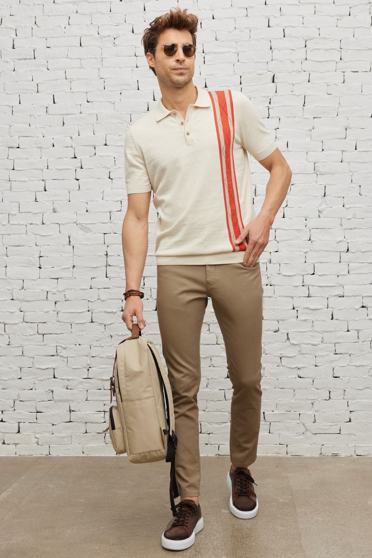 Men's Ekru Kıremıt Standard Fit Normal Cut Polo Yaka 100 %Cotton Patterned Triko T -shirt