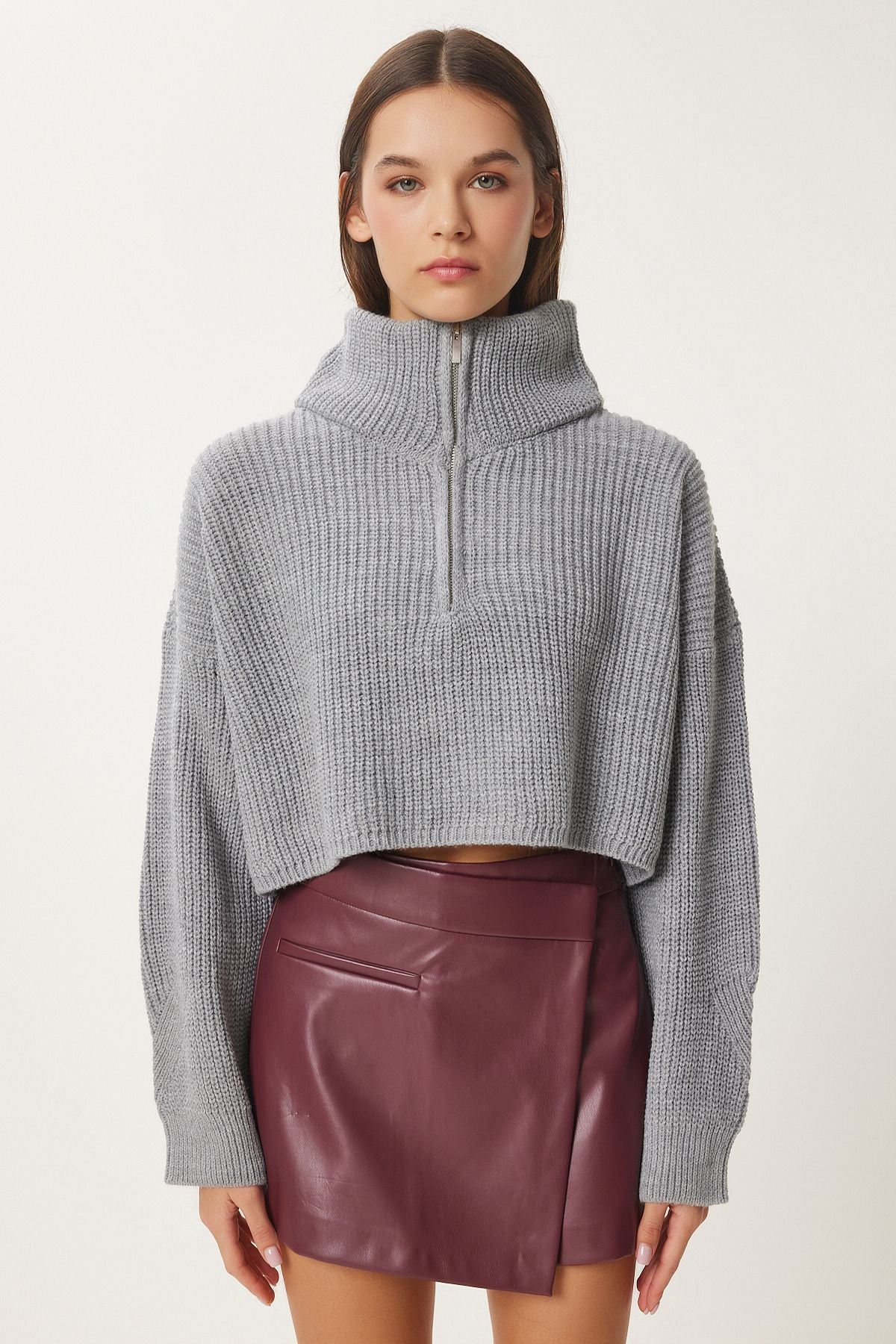 Women's Gray Zippered Fisherman Yaka Knitwear Kazakh MX00124