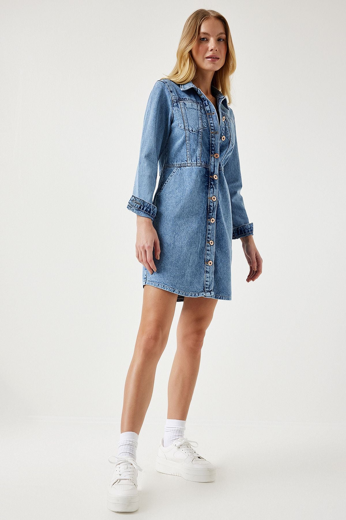 Woman Light Blue Pocket Mini Denim Dress RV00165