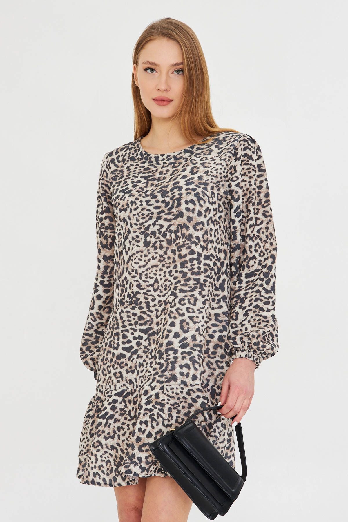 Female beige round collar skirt flywheel arms shirred mini dress ARM-25K001093