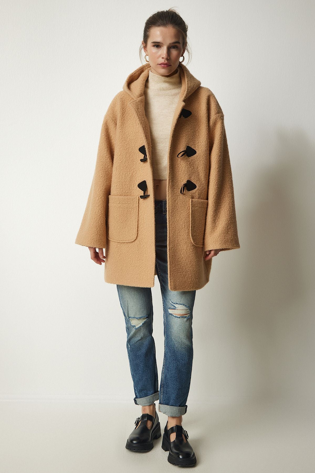 Female Biscuit Shepherd Buttoned Hooded Bouquet Coat to00117