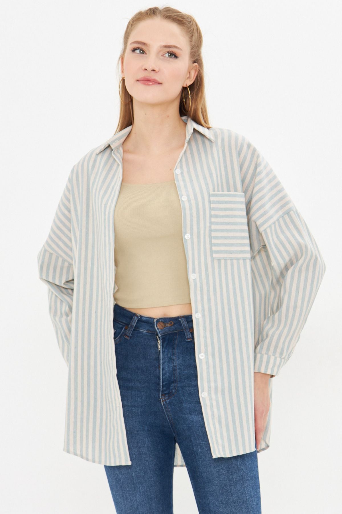 Female Mint Striped Long Sleeve Pocket Detail Pleeled Pleeled Shirt ARM-24Y001057