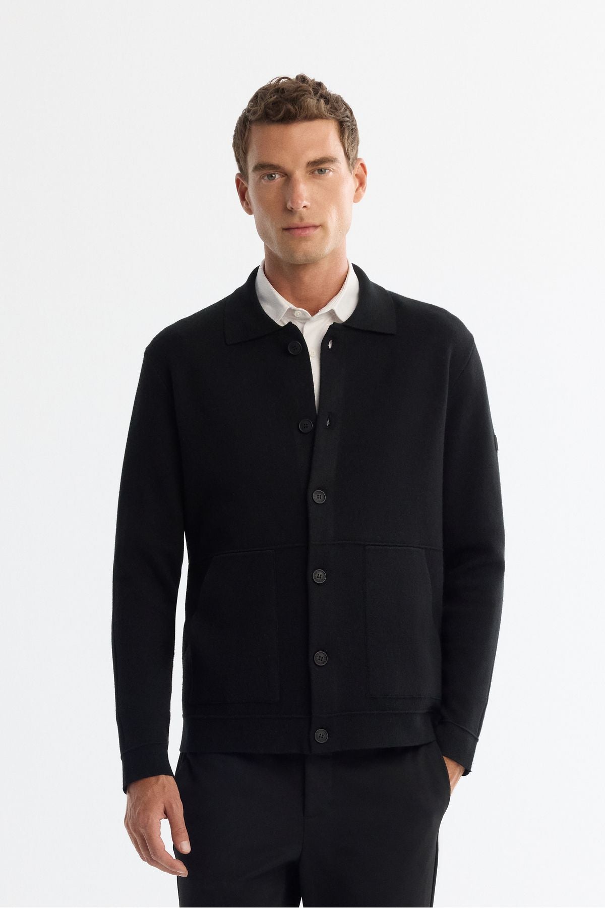 Men's Black Polo Yaka woolen gangbreled knitwear cardigan A42y5141