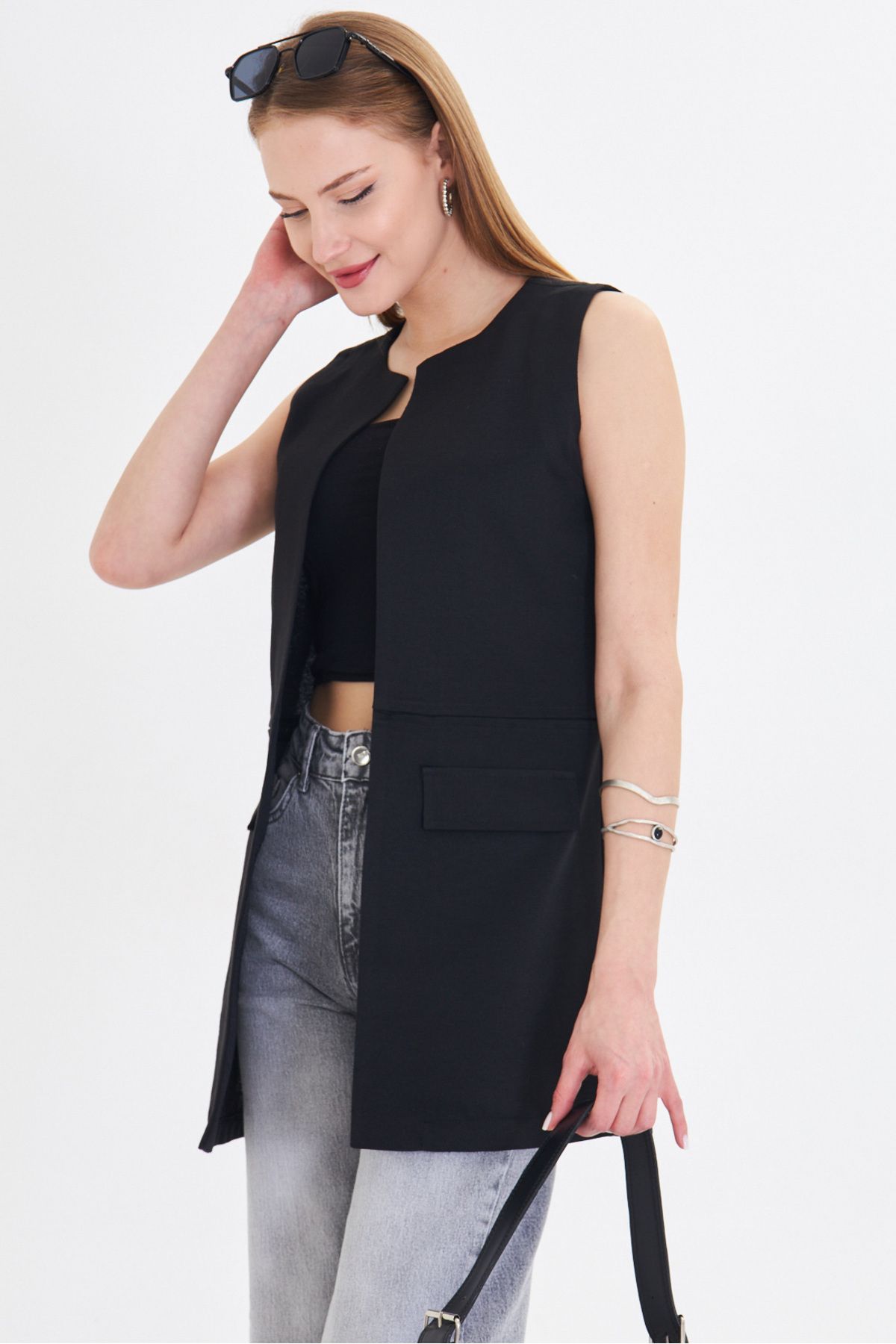 Female black zero collar sewing detailed vest ARM-25Y001019
