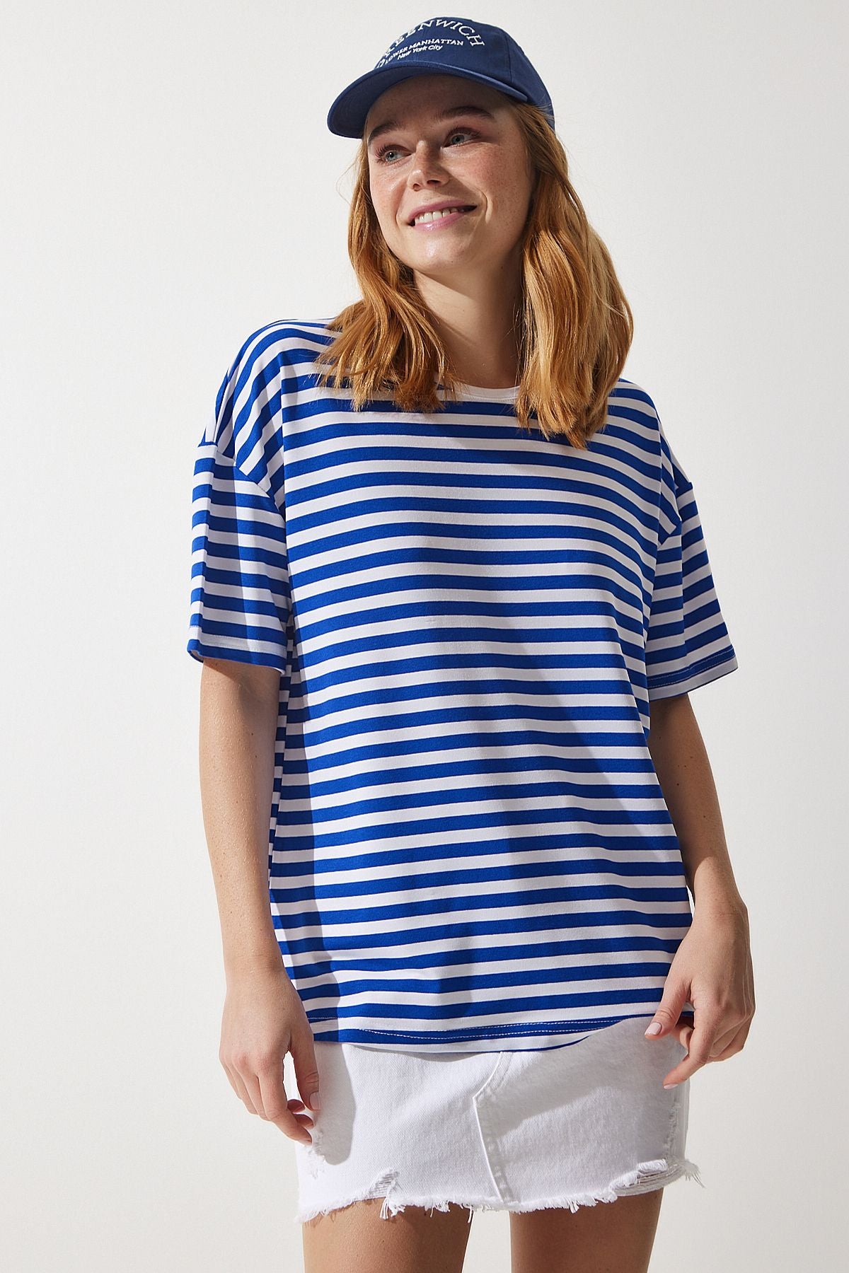 Woman Blue Bicycle Collar Striped Oversize knitting T-shirt EN00609