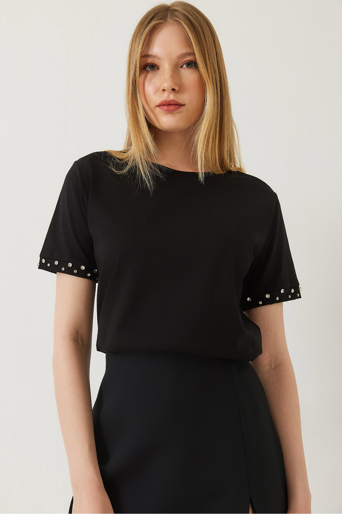 Women's T-shirt with Stone Embroidered Sleeves 60602002