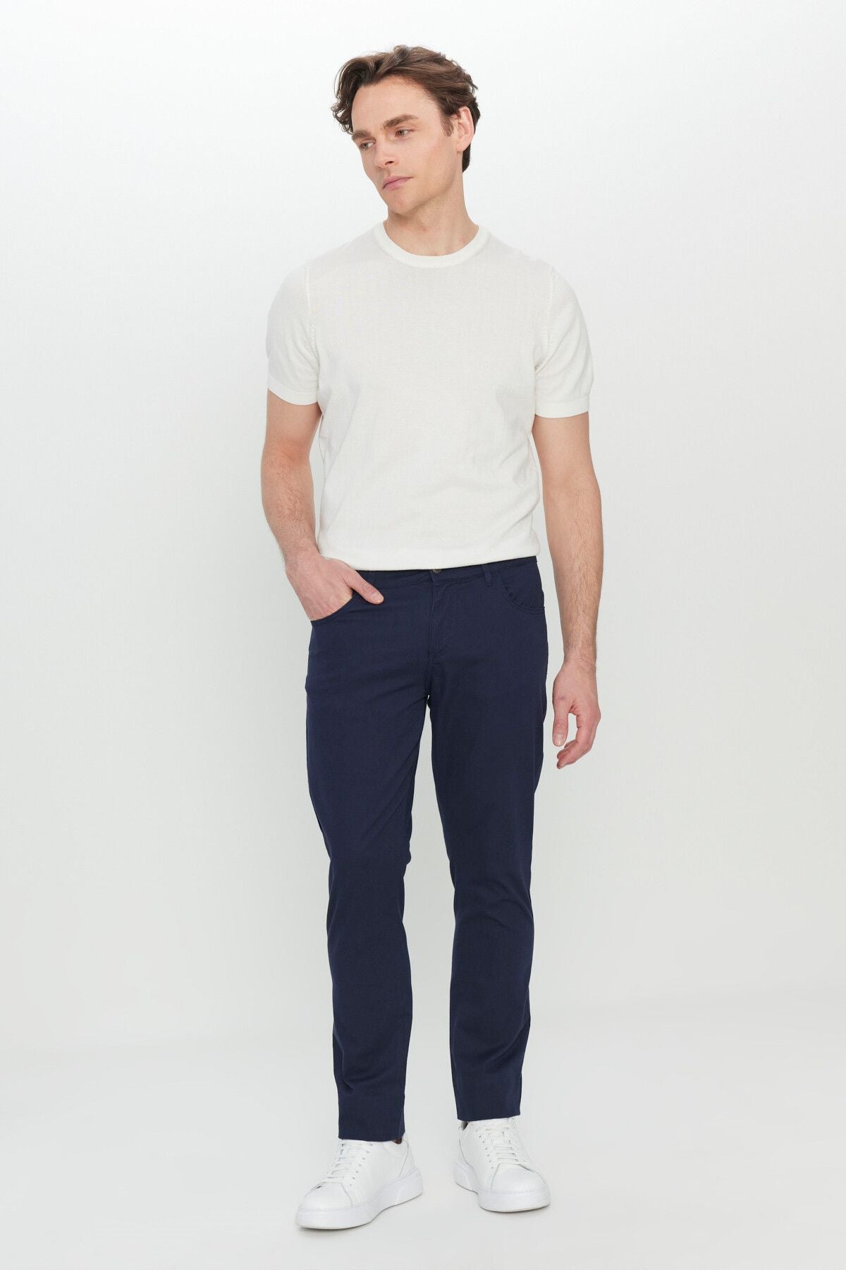 Men's navy blue cotton slim fit narrow cut 5 pocket flexible casual pants