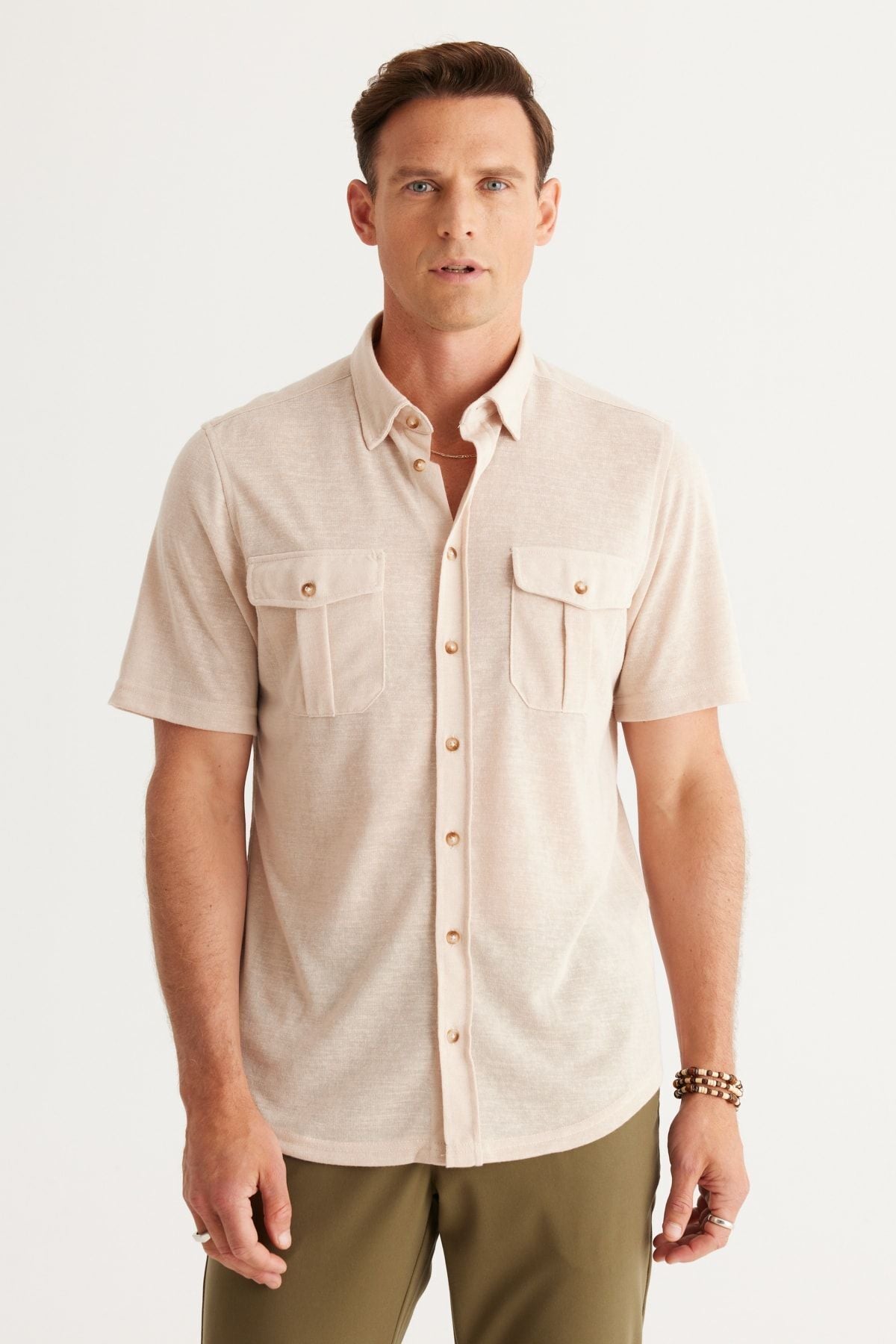 Men's Beige Slim Fit Narrow Cut Hidden button shirt with short sleeve pockets
