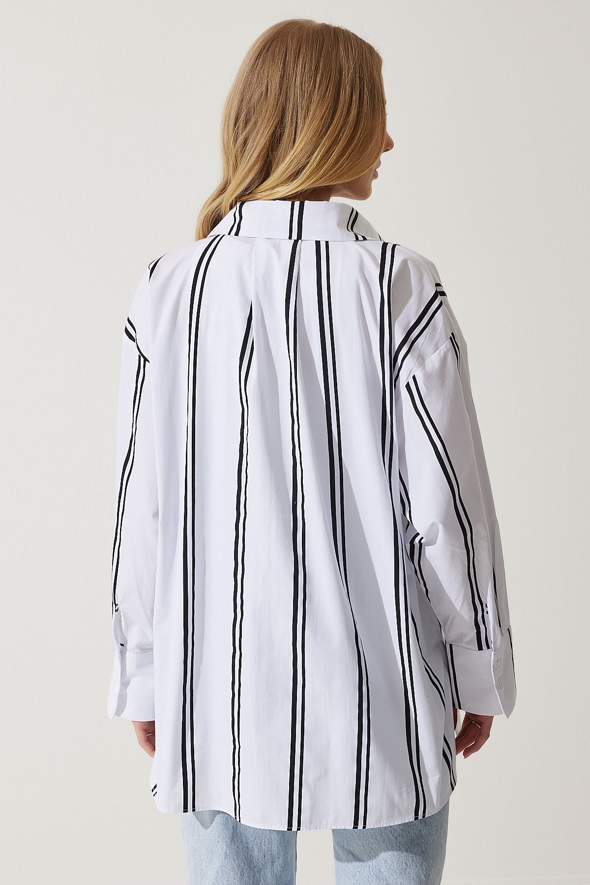 Woman White Black Striped Oversize poplin shirt BP00154