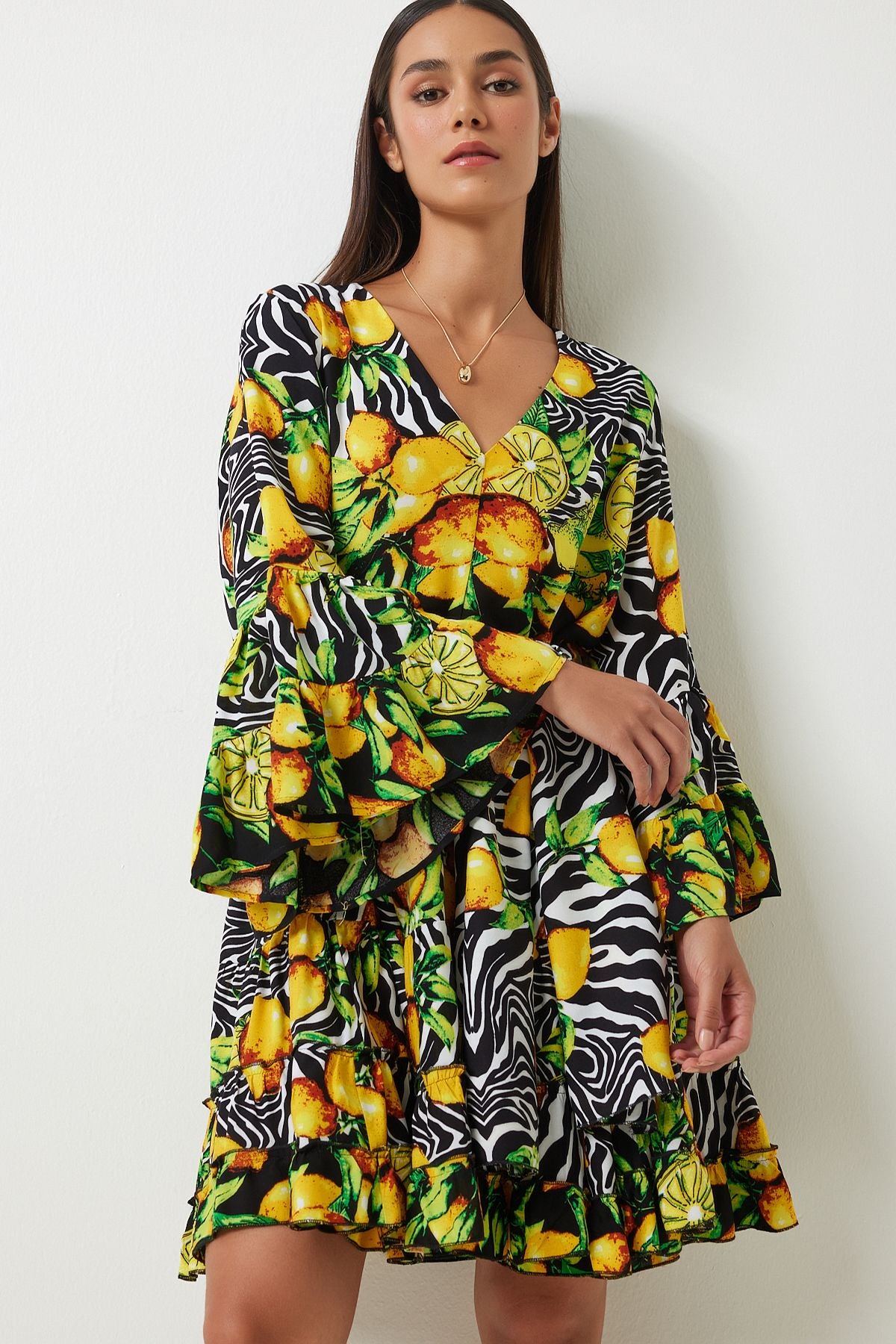 Woman Yellow Black Patterned Summer plenty of viscose dress FN03200