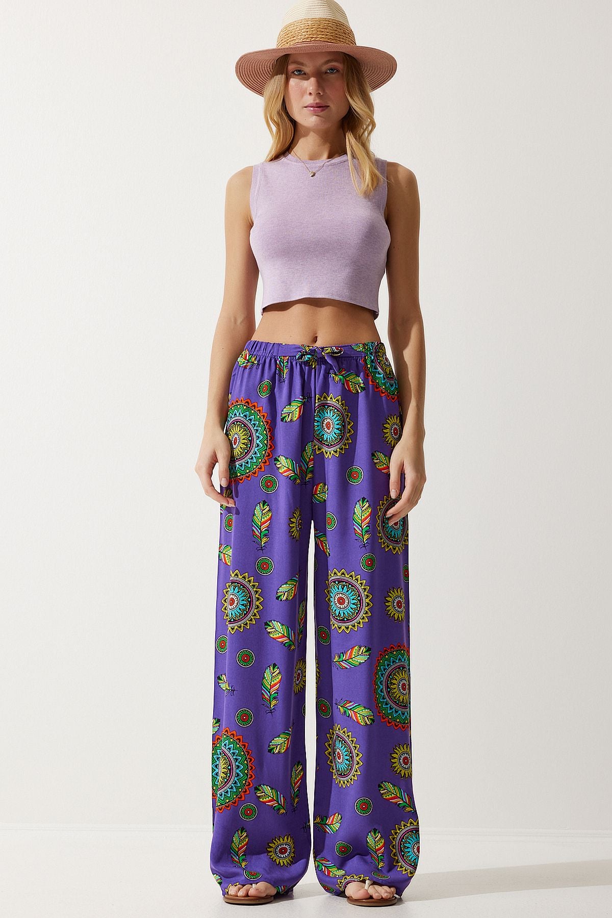 Woman Purple Patterned Viscose Palazzo Pants EN00606