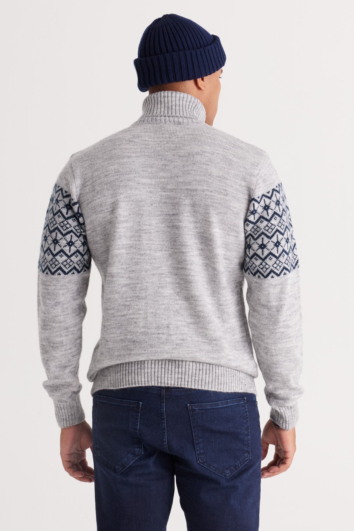 Men's Gray Melanj-Lacivert Standard Fit Normal Cut Fisherman Neck Zigzag Patterned Knitwear Sweater