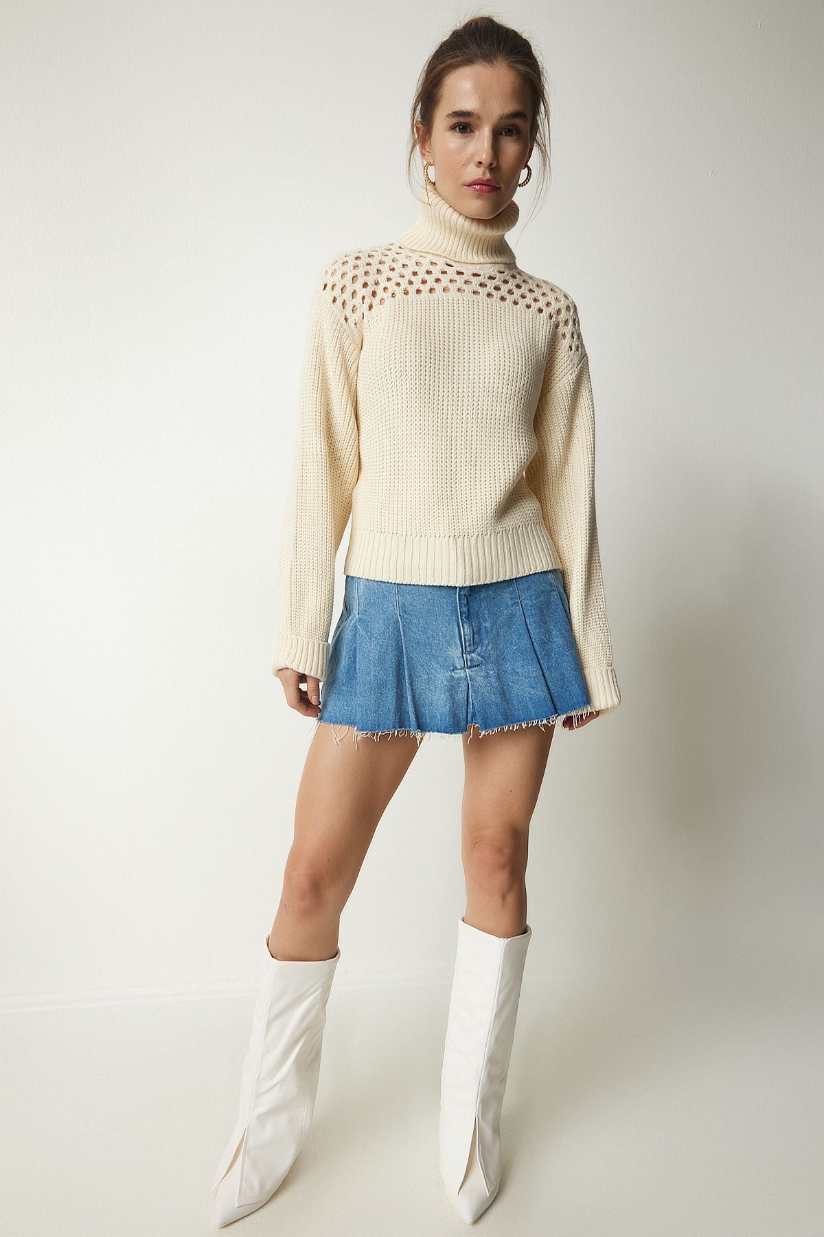 Women's cream fisherman collar openwork knitwear sweater CI00090