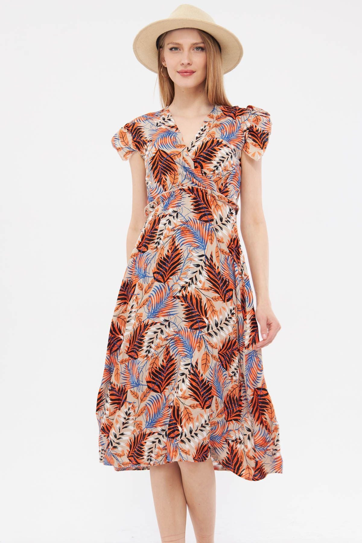 Female Orange Cruve Collar Shoulder Shoulder Suffering Detail Waist Midi Boy Dress ARM-24Y001020