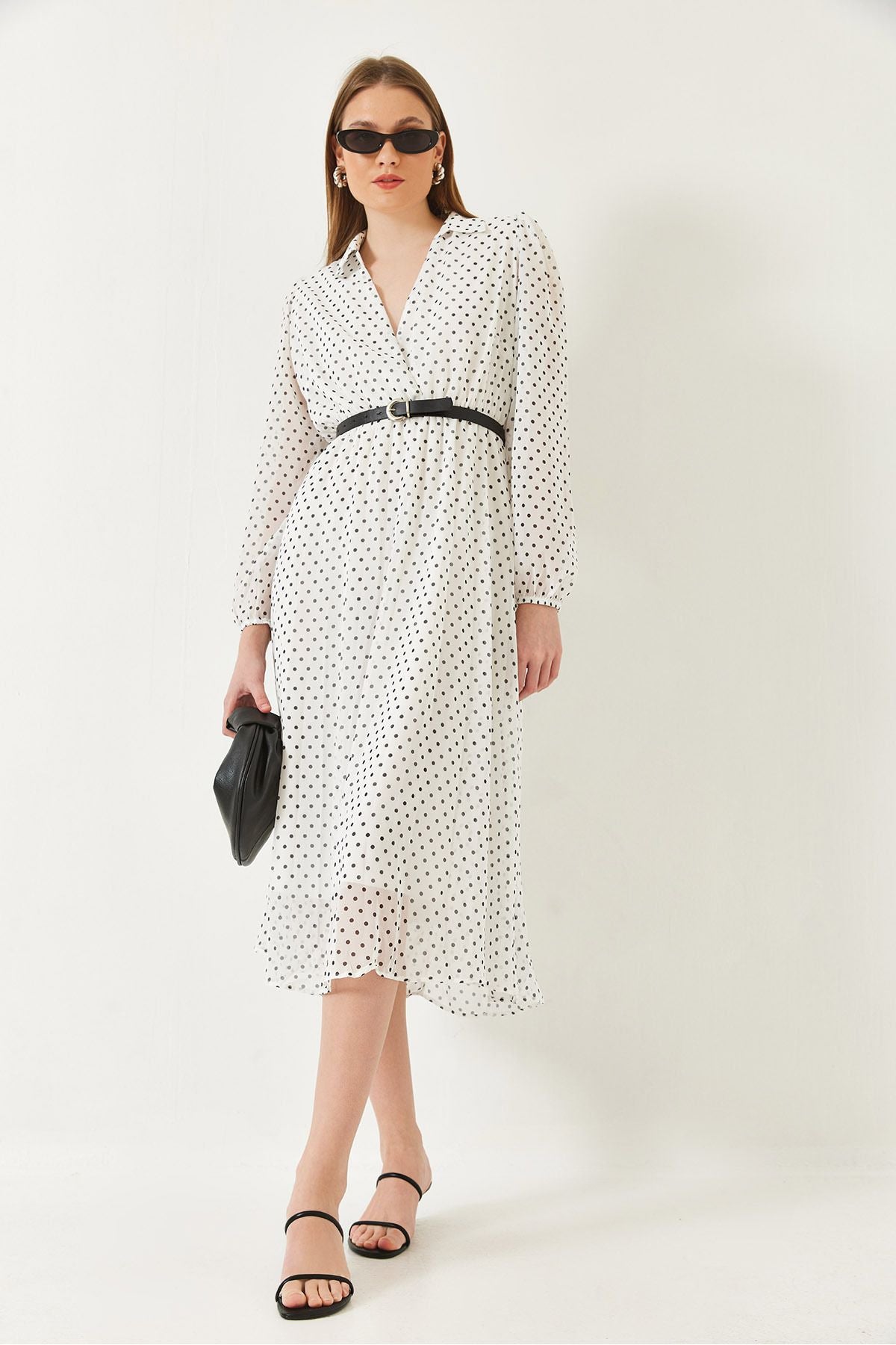 Women's Waist Pekle with a polka dot lined midi woven dress 70295 60271032