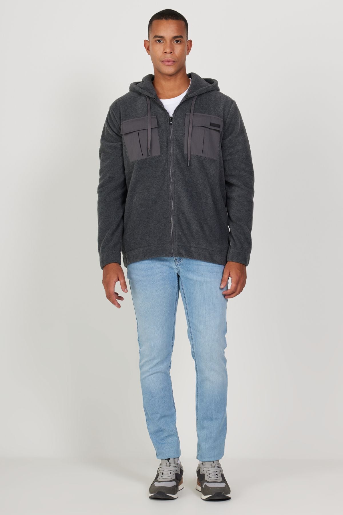 Men's anthracit-melanj standard fit normal cutting hooded polar sweatshirt jacket