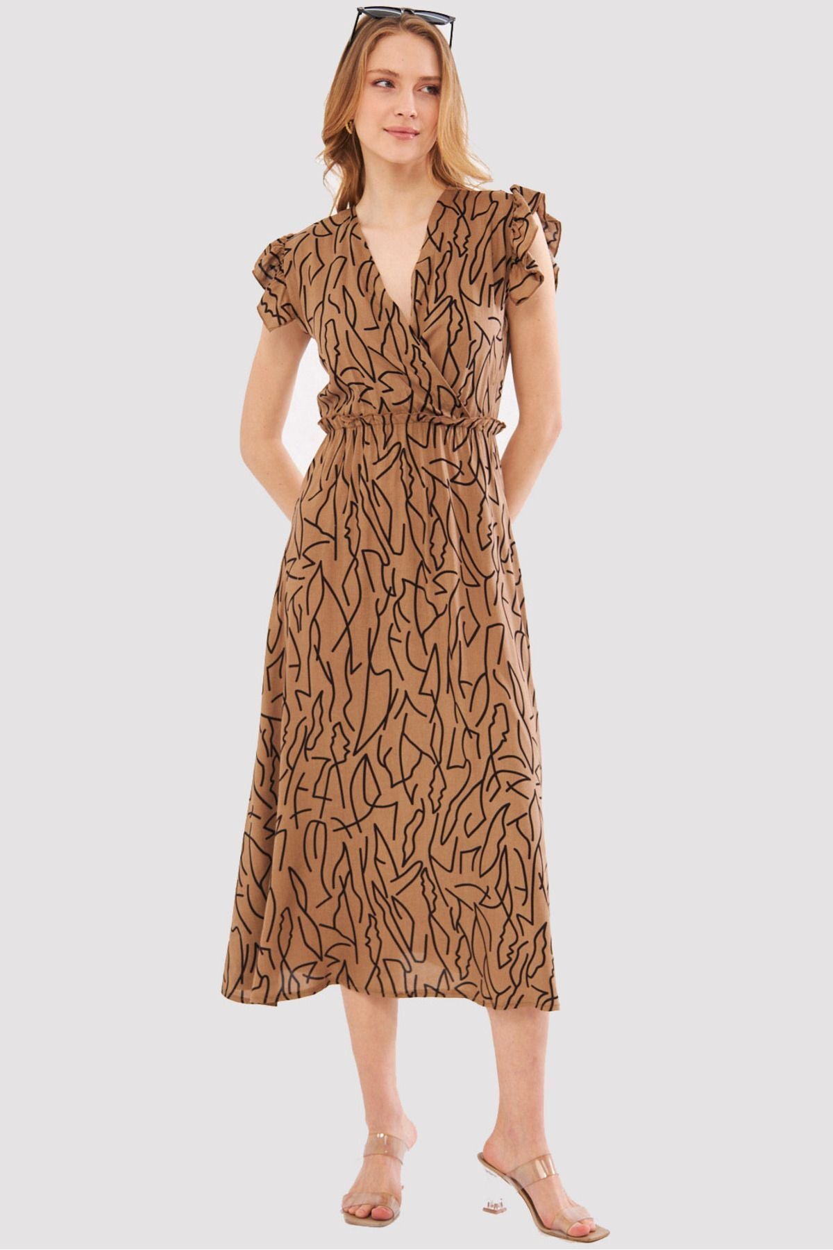 Female mink stomach dress cruve collar shoulder frilly detailed waist midi midi height ARM-24Y001020