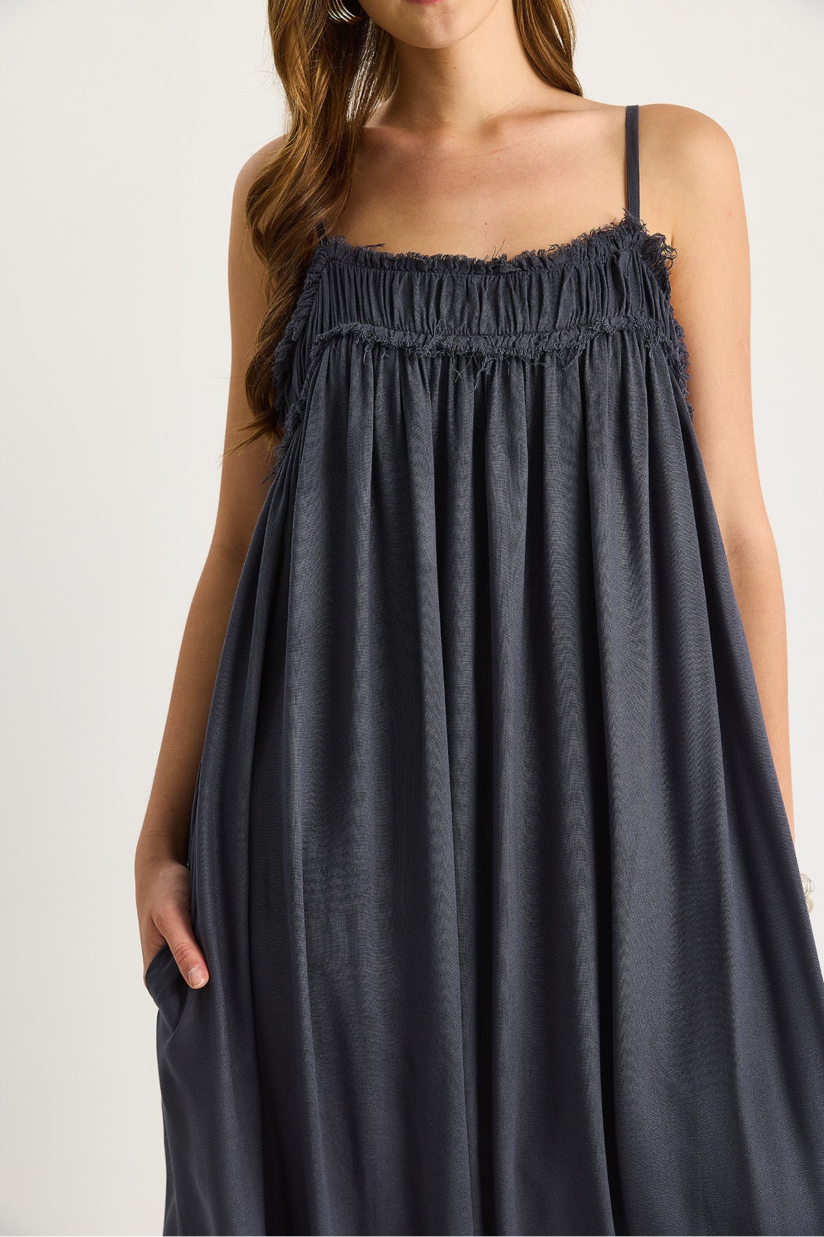 Women's Thin Strap Gathered Pocket Detailed Lined Thin Cotton Dress 60283512