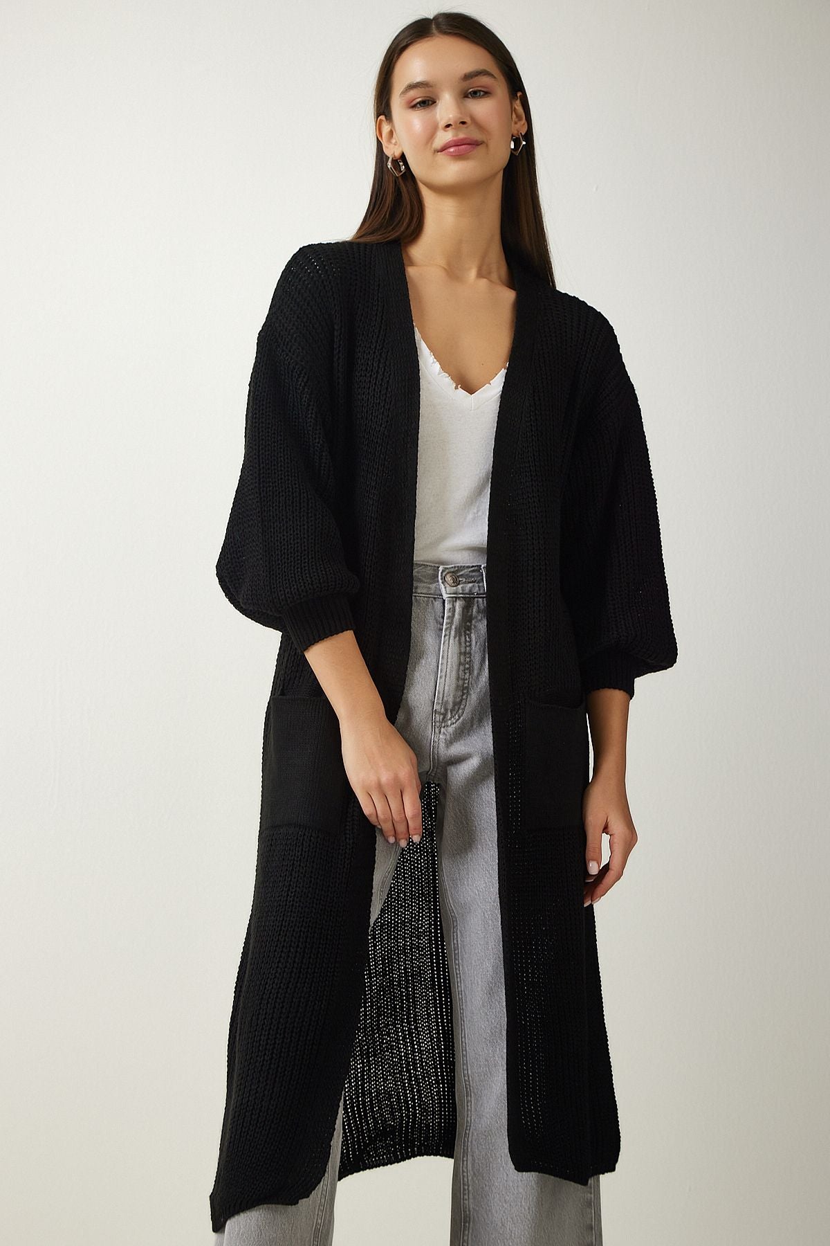 Women's black balloon sleeve long knitwear cardigan AS00026