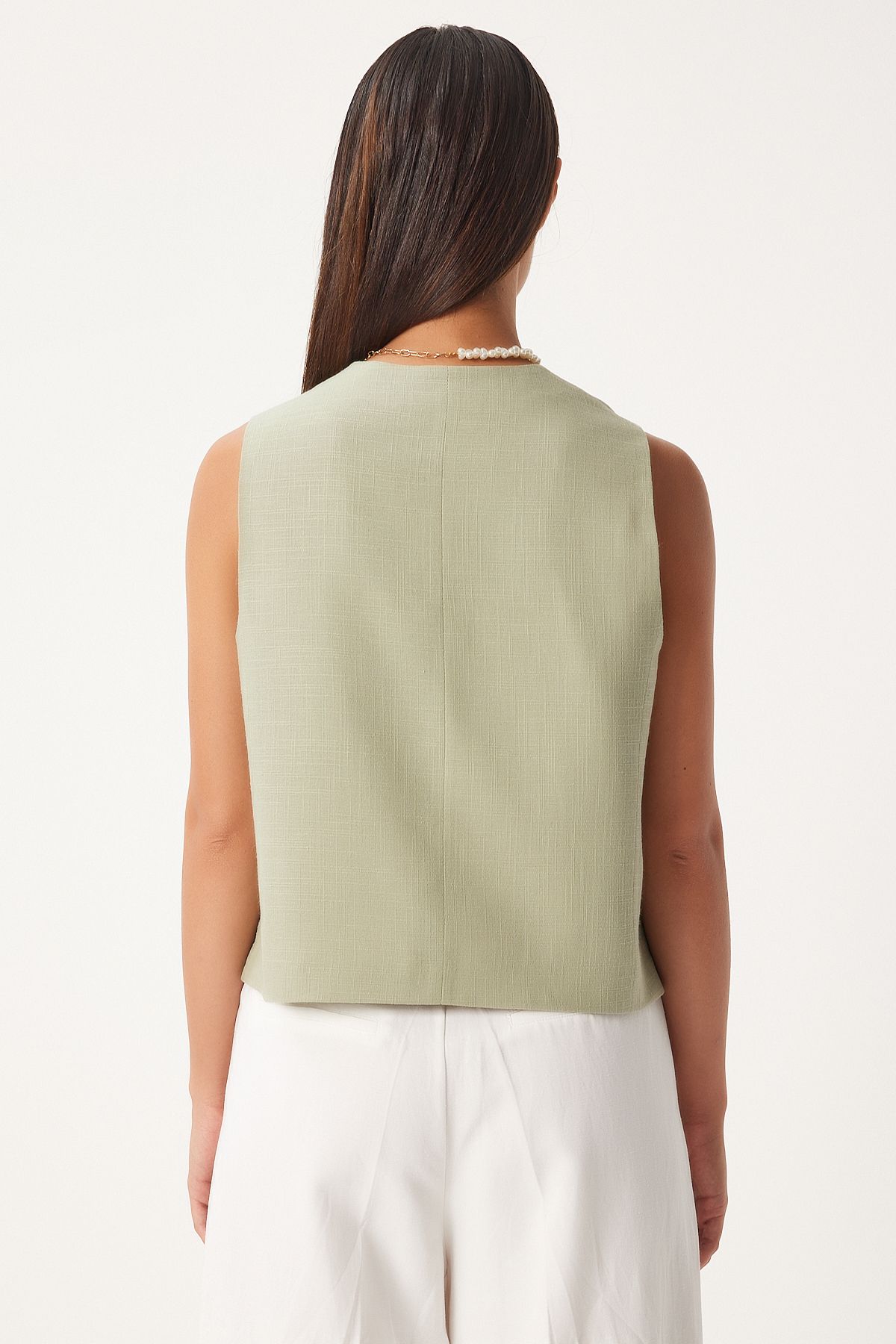 Female Cagla Green Button Closed Linen Vest DP00207