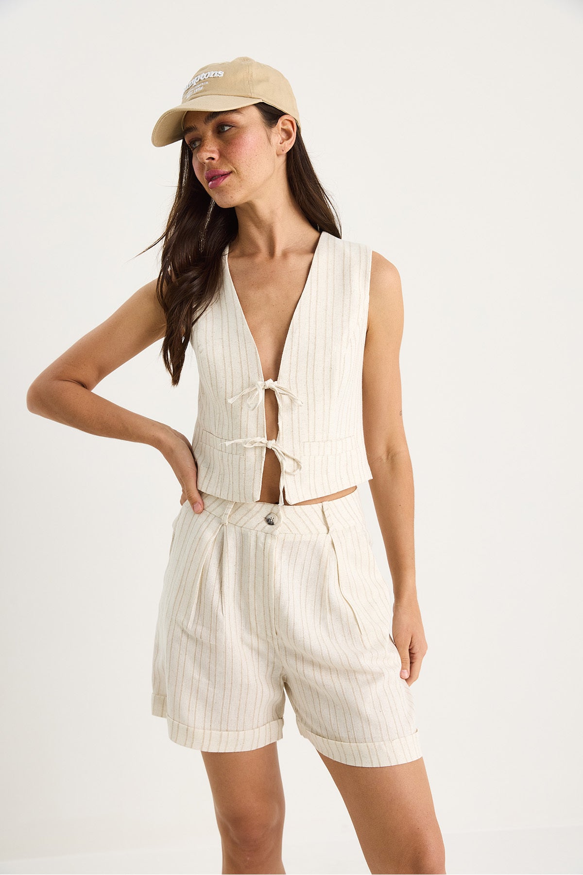 Women's Double Striped Tie Detailed Vest High Waist Linen Suit with Shorts 9376 60281069