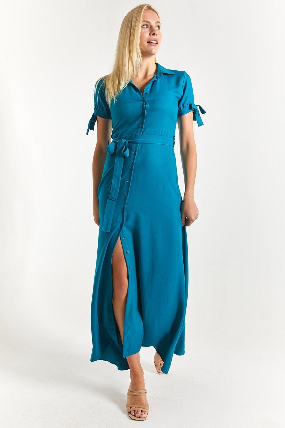 Women's oil arm connected waist belt shirt dress ARM-23Y001004