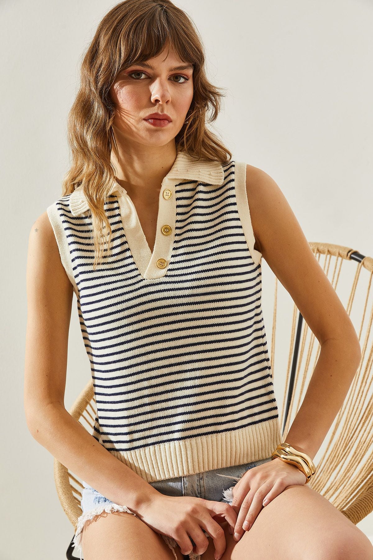 Women's button detailed knitwear striped sweatter20246141