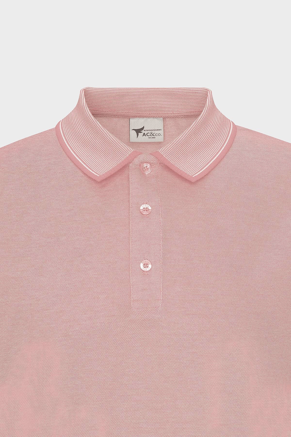 Men-Plugging Cotton Fabric Slim Fit Narrow Cut Pink-White Curlled Polo Yaka T-shirt