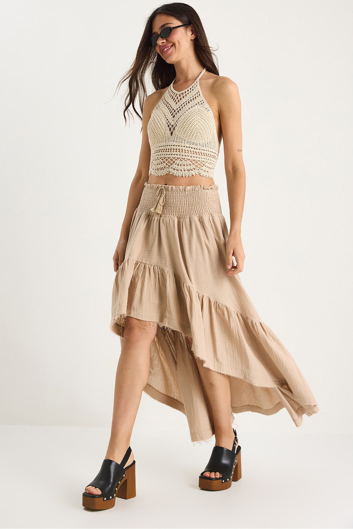 Women's Short Front Long Back Waist Gimped Lined Flounce Muslin Skirt 25S1-3001 60283411