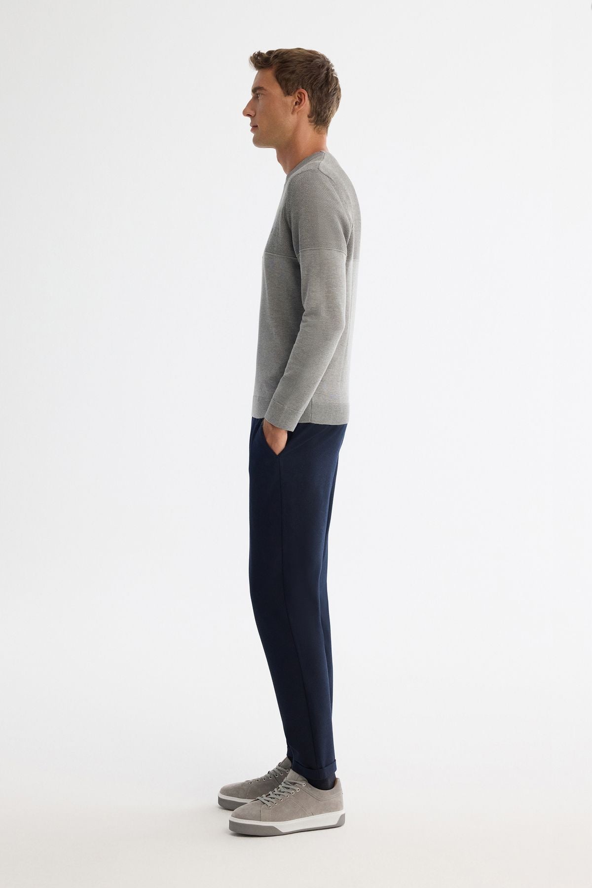 Men's gray bike collar double collar detailed textured cotton knitwear sweater A42y5190