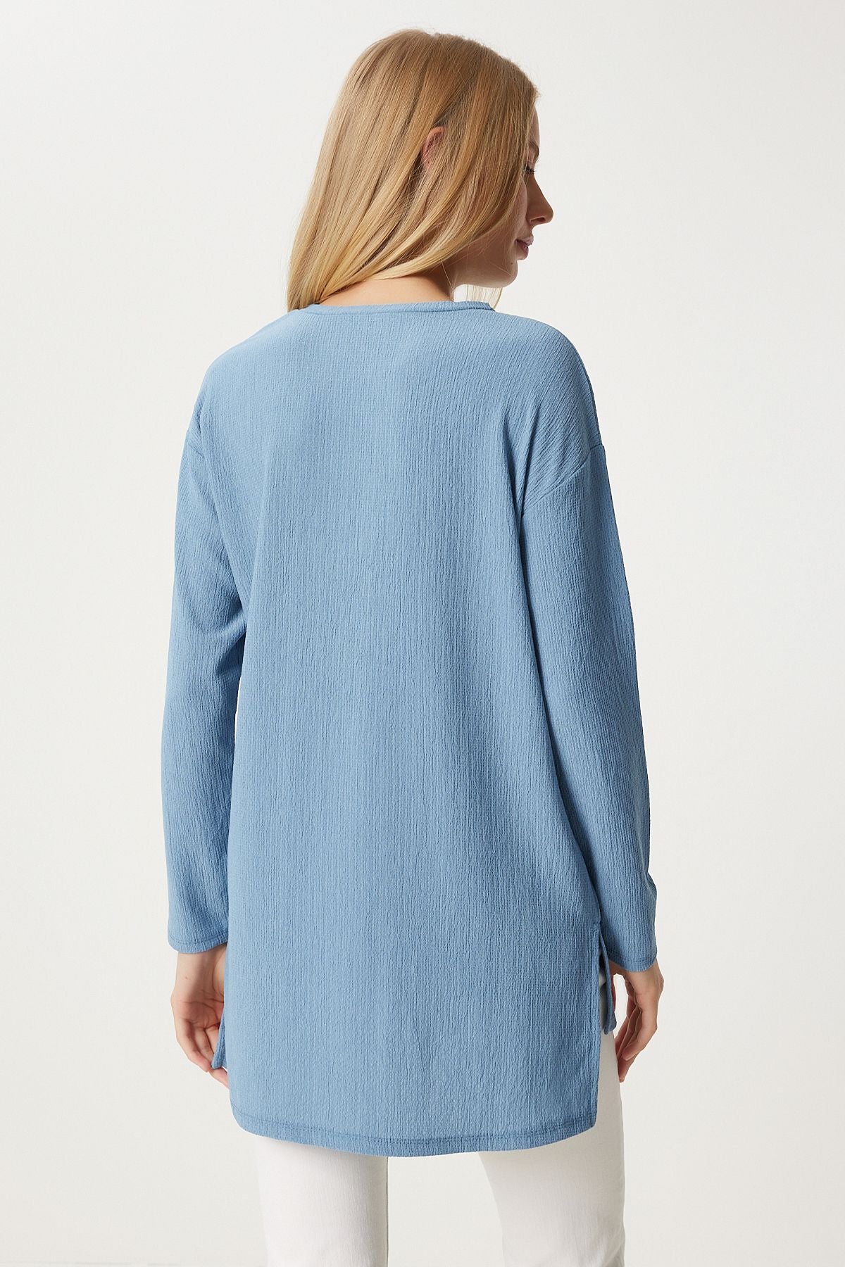 Women's Sky Blue Patterned Long Sleeve Blouse ZH00038