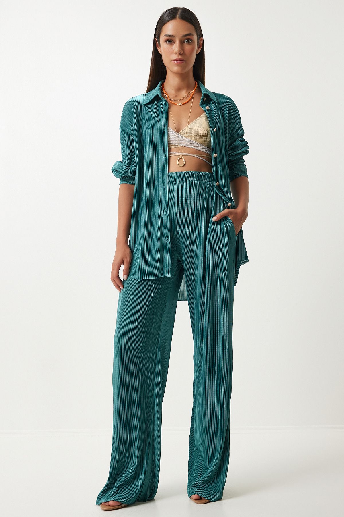 Women's Cagla Green Pilicated Shirt Pants Set FN03221